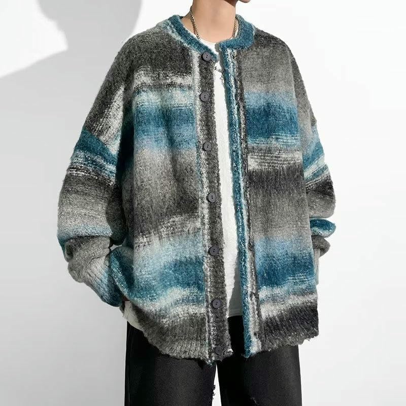 Autumn Winter Men's Hong Kong Style Trendy Loose Casual Color Block Knit Cardigan