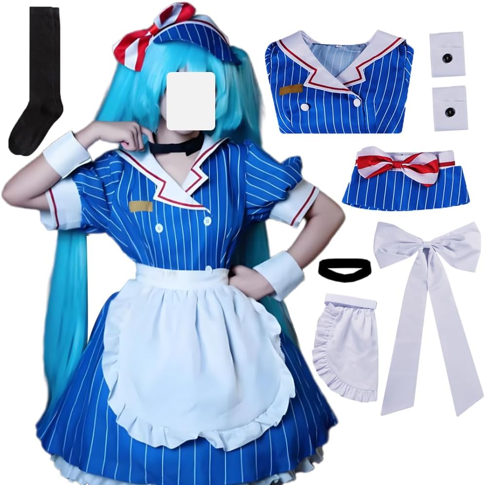 Women Cosplay Costume Blue Maid Dress Uniform Outfit Full Set