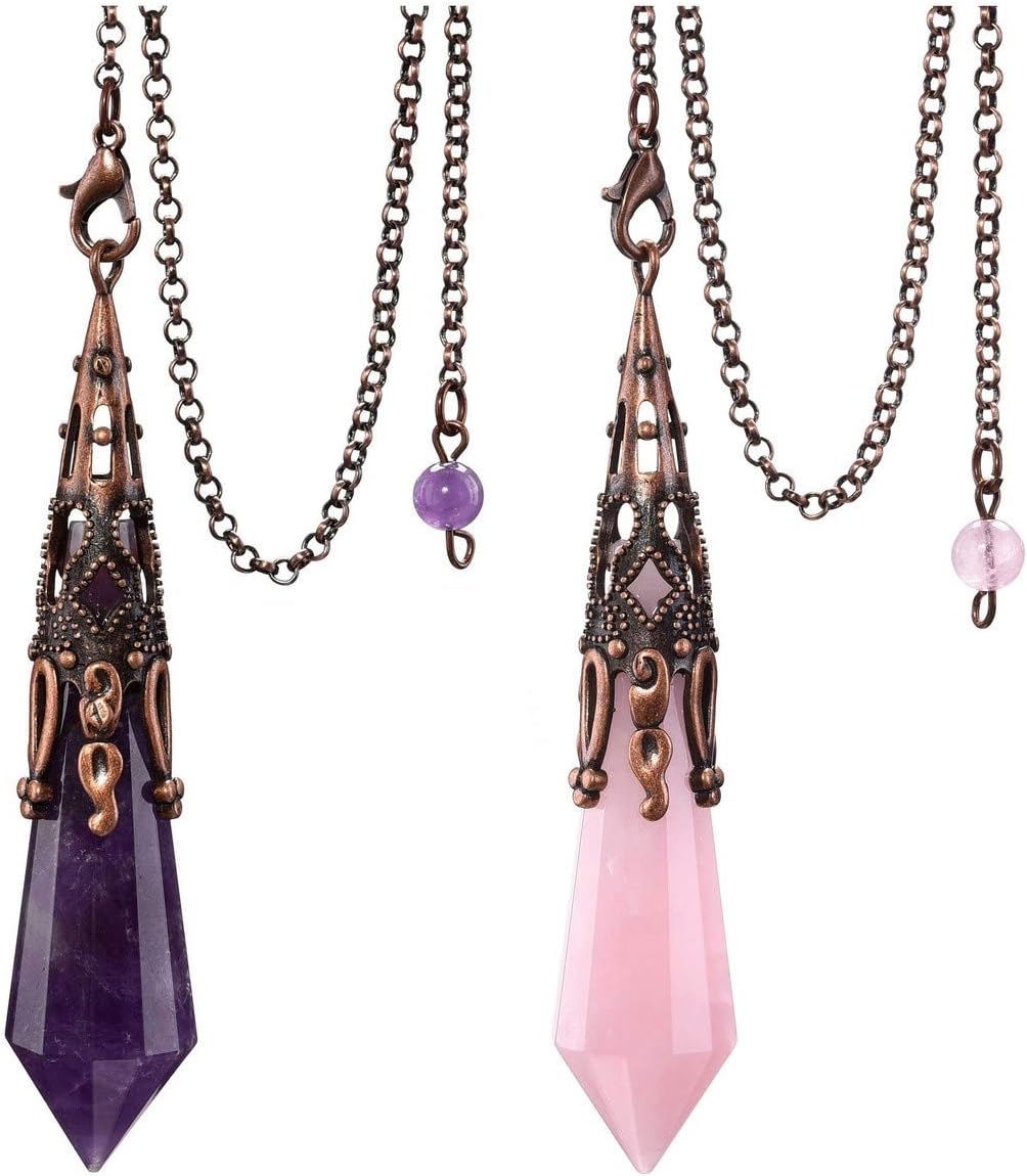 Jovivi 2pcs Natural Amethyst Rose Quartz Crystal 12 Facted Therapy Healing Dowsing Divination Pendulum - Reiki Charged Chakra Balancing Pendant with Chain