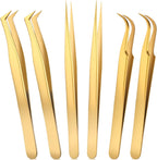 Mudder High Precision Lash Tweezers Set 6 Pack Stainless Steel Eyelash Extension Tweezers for Classic, Volume, Mega Volume Lashes, Facial Hair, Eyebrow, Hair Removal, Crafting Making (Gold)