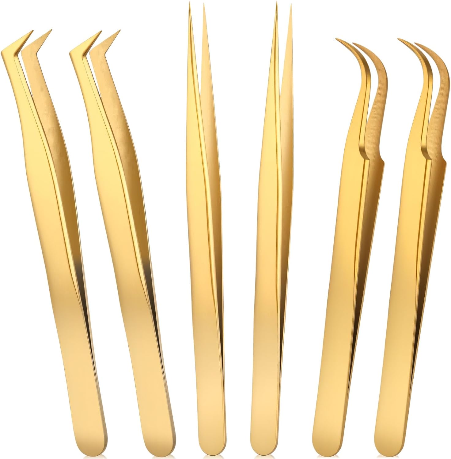 Mudder High Precision Lash Tweezers Set 6 Pack Stainless Steel Eyelash Extension Tweezers for Classic, Volume, Mega Volume Lashes, Facial Hair, Eyebrow, Hair Removal, Crafting Making (Gold)