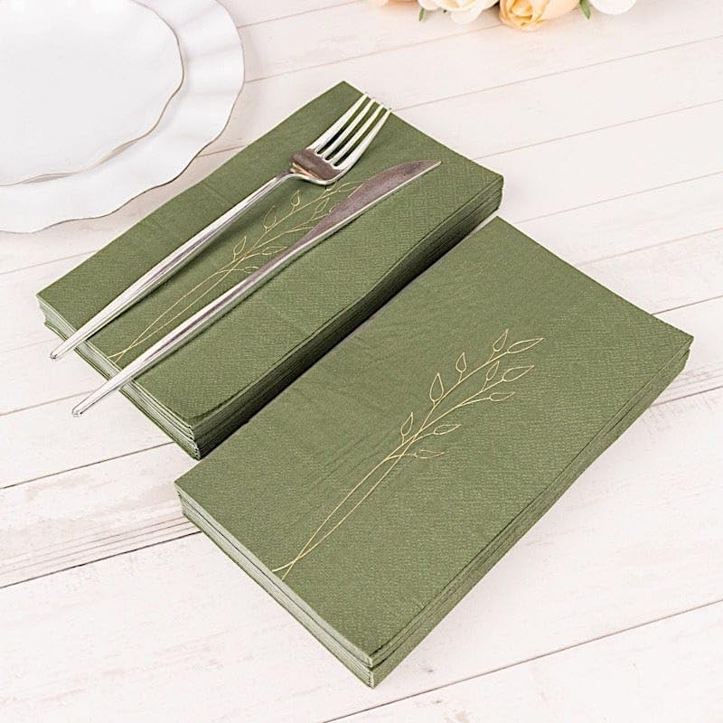 50 Olive Green Soft 2 Ply Disposable Dinner Paper Napkins Embossed Gold Leaves Wedding Party Events Reception Catering Buffet Dining Decorations Supplies