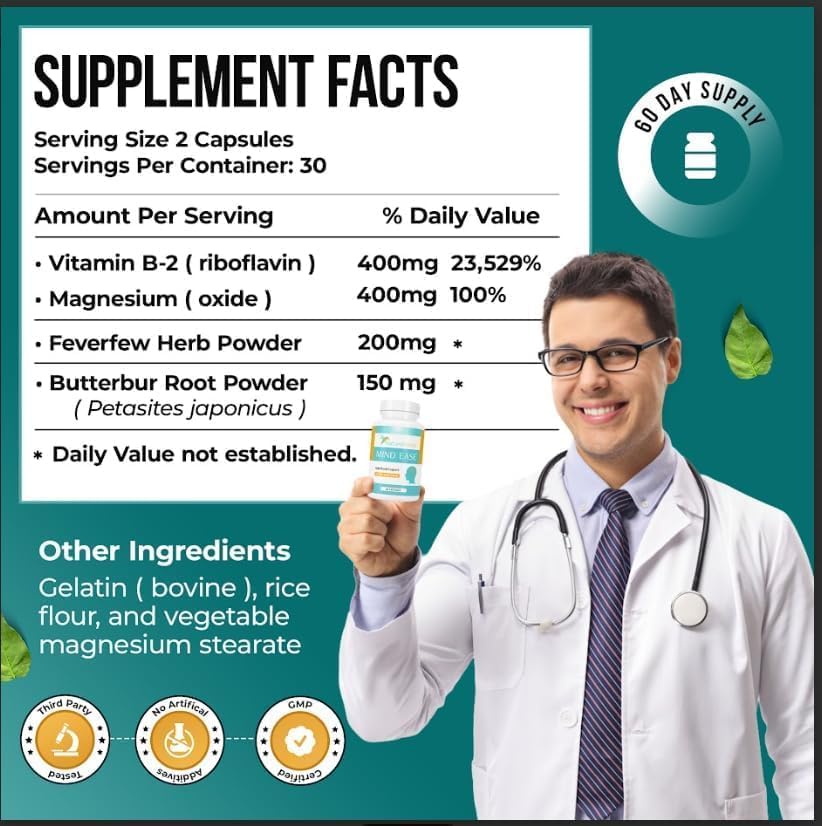 Nature's Nectar Migraine Prevention Feverfew Capsules – PA Free Butterbur Root, Riboflavin 400 mg, Magnesium & Feverfew – Natural Headache Relief & Migraine Supplement – 120 Capsules