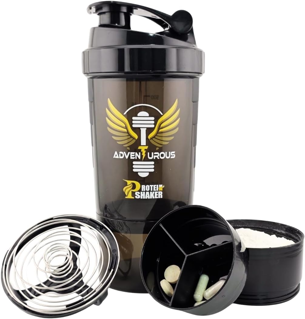 Protein Shaker Bottle with Storage for Powder & Pills – Leak-Proof, BPA-Free, Adventurous Smooth Mixing Shaker Cup for Protein Shakes, 16 oz, Black