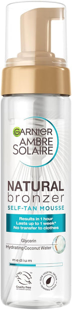 Garnier Ambre Solaire Natural Bronzer Self Tan Mousse 200 ml, Streak Free & Intense Fake Tan In 1 Application, Hydrating Mousse With Coconut Water, For Face & Body, Vegan Formula