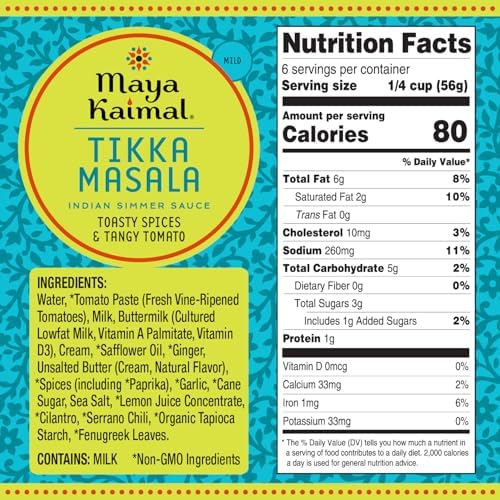 Maya Kaimal Tikka Masala Sauce, Mild Indian Simmer Sauce with Tomato and GaramMasala Spices. Vegetarian, Gluten Free, 12.5 oz