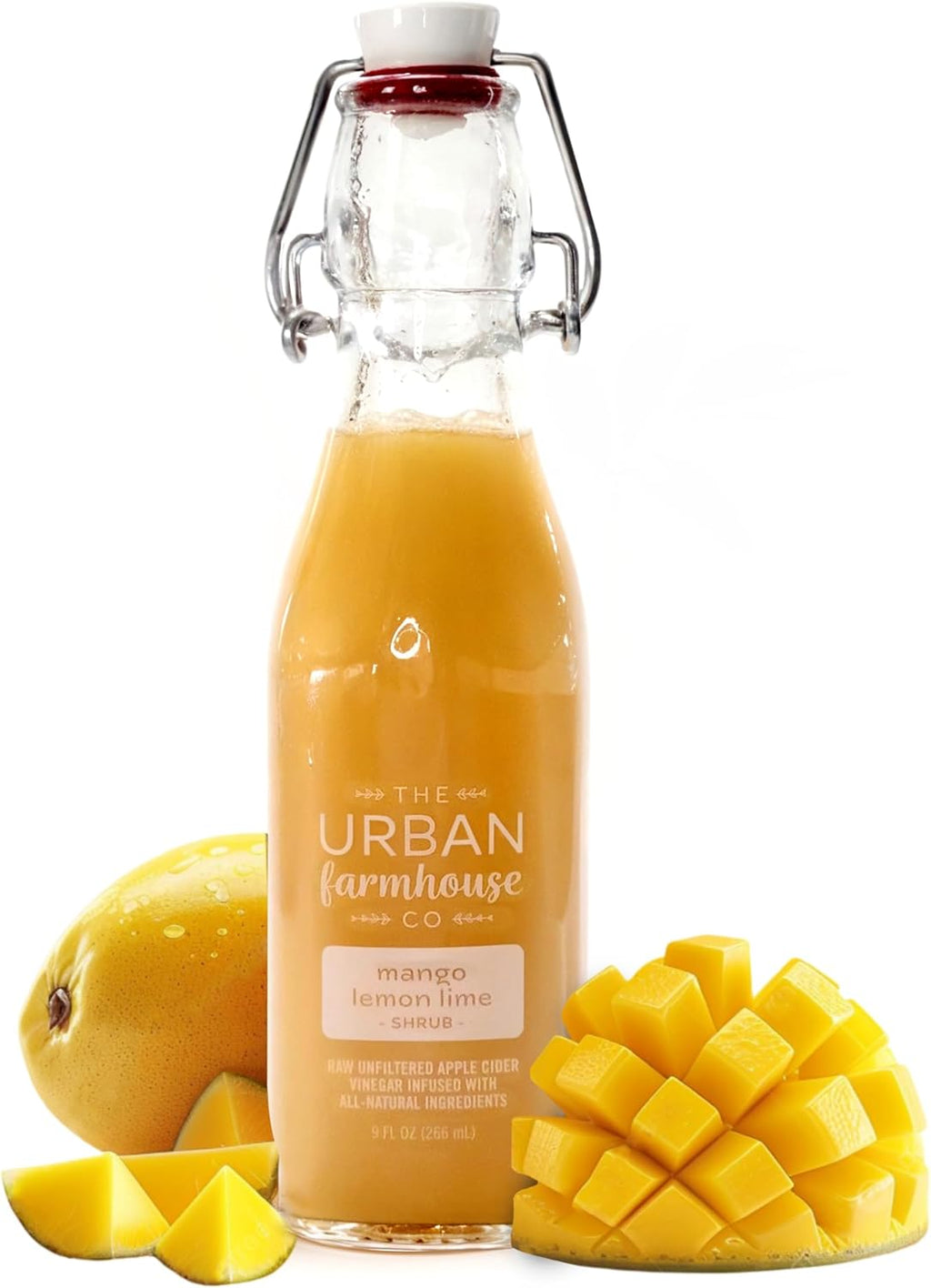 The Urban Farmhouse Co Organic Vinegar Shrub – Mango Lemon Lime, 9 oz Bottle – Small Batch Drinking Vinegar with Apple Cider Vinegar & Citrus Fruits – Cocktail Mixer, Gut Health Tonic, No Sugar Added