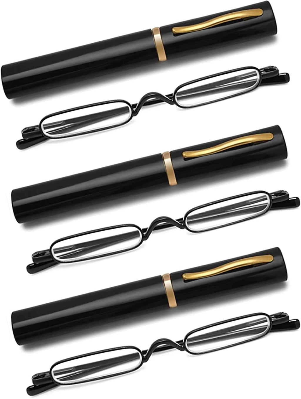 3 Pack Mini Slim Pen Reading Glasses - Compact Readers with Pen Clip Case Spring Hinge Metal Frame Eyeglasses (Black, +2.50)