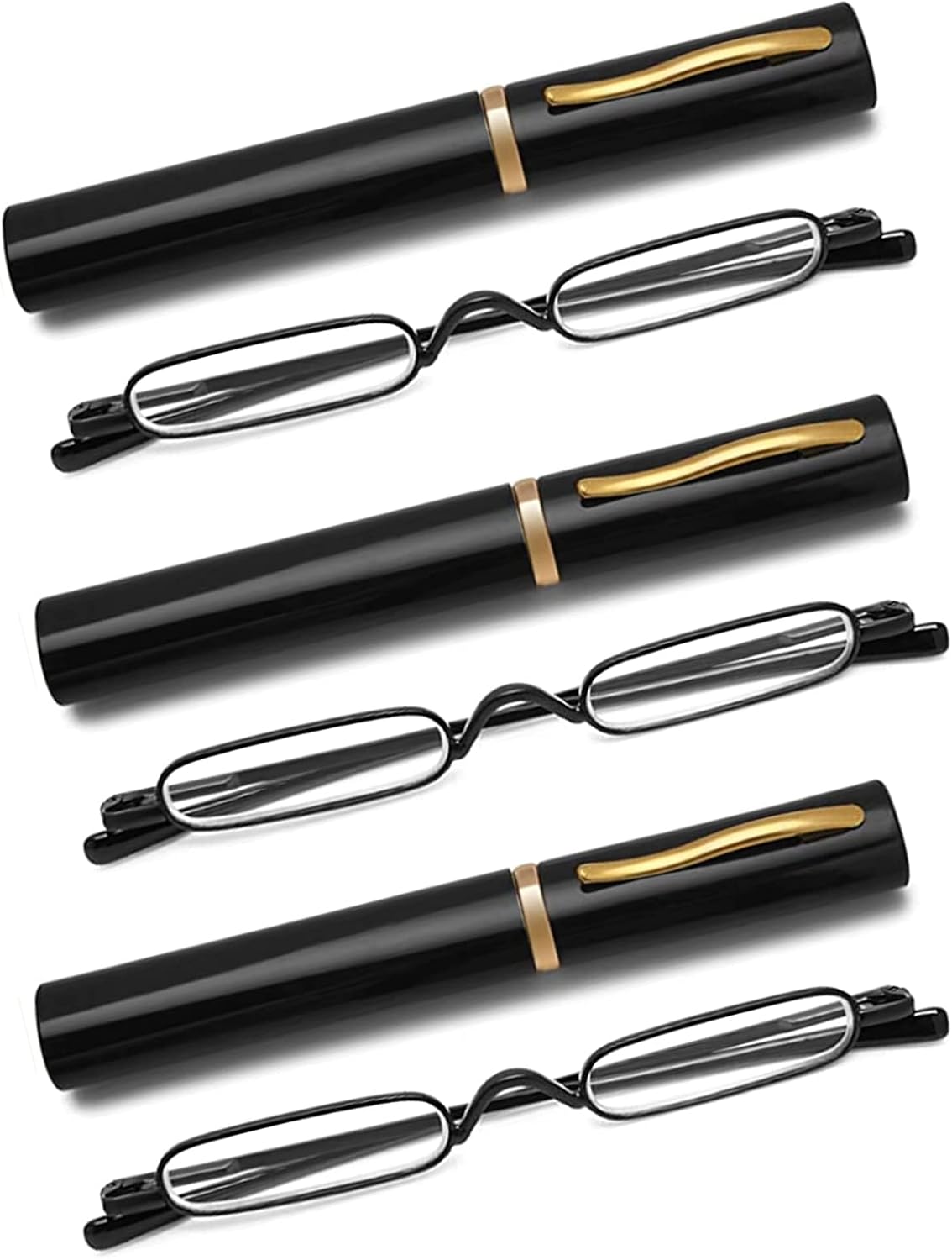 3 Pack Slim Pen Reading Glasses Metal Frame & Case Compact Portable Spring Hinge Eyeglasses for Women Men (Black, +2.25)