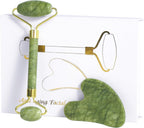Jade Roller Gua Sha Tools - Nature Gua Sha Facial Tool Skin Tightening Face Massager Anti-Aging Jade Face Roller Puffiness Reducing Guasha Stone for Women Men（Green）