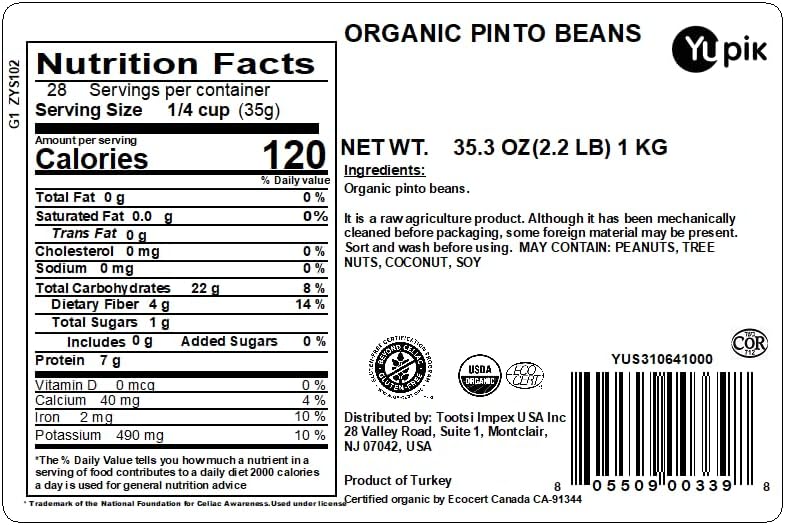 Yupik Organic Pinto Beans, 2.2 lb (35.3 oz), Non-GMO, Vegan & Gluten-Free, USDA Certified, Kosher, Dried Beans, Excellent Source of Protein & Fiber, Perfect for Refried Beans, Soups & Dips
