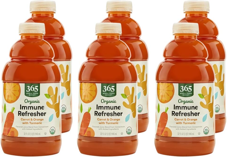 365 by Whole Foods Market, Organic Carrot and Orange Juice with Turmeric, Immune Refresher, 32 Fl Oz (Pack of 6)