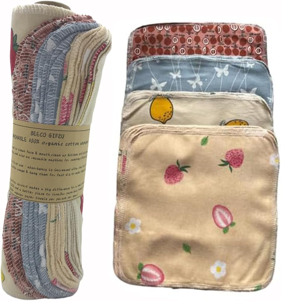 Reusable Paper Towel Rolls 20 Pack,Washable Napkin Cloth Value Set of 4 Colors 20 Pack of Paperless Towel-100% Cotton, Super Soft, Absorbent Made to Last (Strawberries)