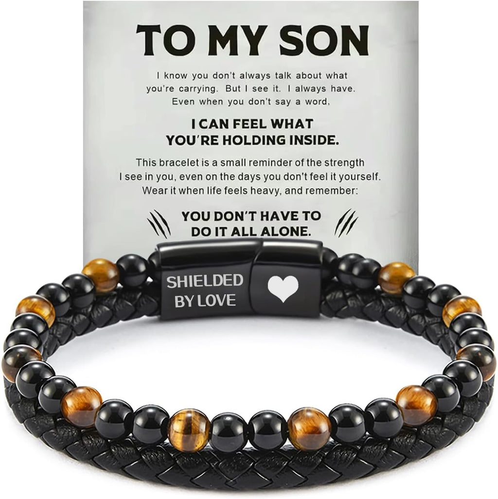 The Guardian - Son's Tiger Eye Protection Bracelet for Men, To My Son Bracelet from Mom Leather Black Beaded Bracelet, Handmade Cuff Inspirational Jewelry for Gift for Christmas Birthday