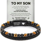 The Guardian - Son's Tiger Eye Protection Bracelet for Men, To My Son Bracelet from Mom Leather Black Beaded Bracelet, Handmade Cuff Inspirational Jewelry for Gift for Christmas Birthday