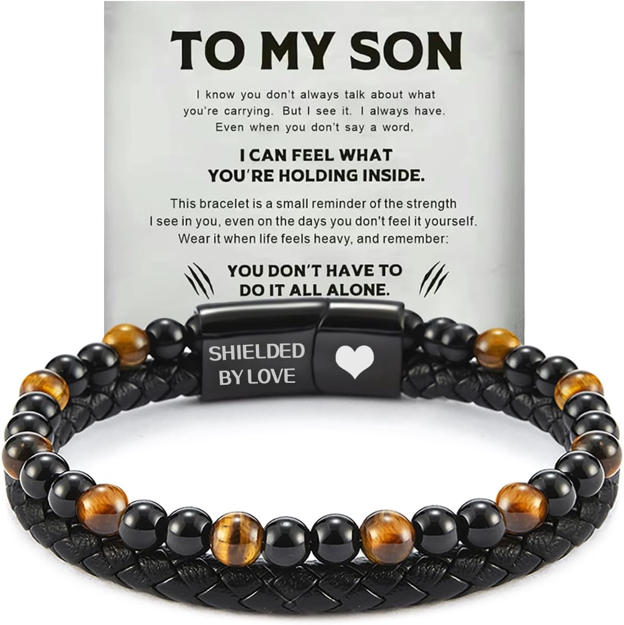 The Guardian - Son's Tiger Eye Protection Bracelet for Men, To My Son Bracelet from Mom Leather Black Beaded Bracelet, Handmade Cuff Inspirational Jewelry for Gift for Christmas Birthday