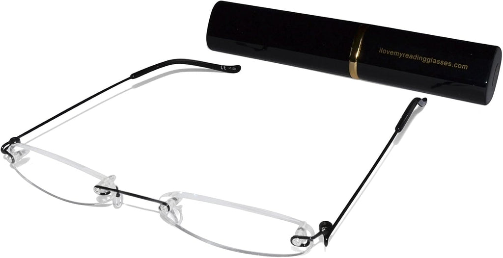 Rimless Reading Glasses for Men and Women +2.0 Black Ultra Slim and Ultra Light Includes Aluminium Matching Case by ilovemyreadingglasses