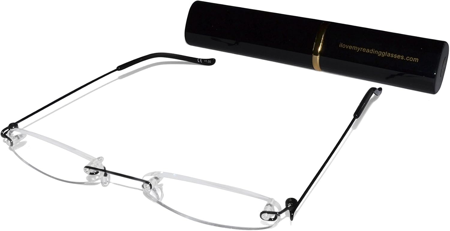 Rimless Reading Glasses for Men and Women +2.0 Black Ultra Slim and Ultra Light Includes Aluminium Matching Case by ilovemyreadingglasses