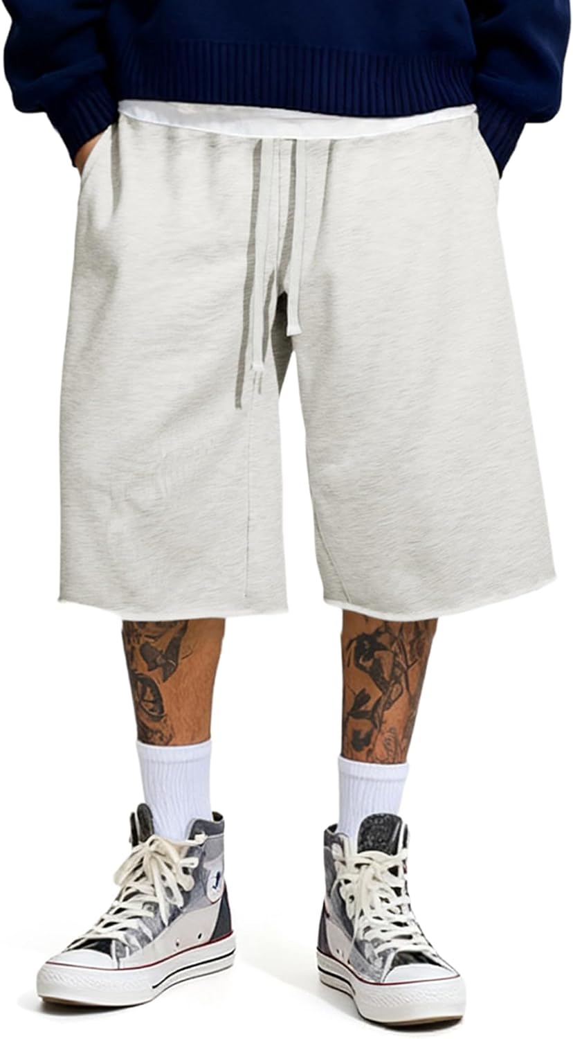 JMIERR 2026 Men's Baggy Sweat Shorts Lightweight Under Knee Casual Raw Hem Drawstring Y2K Shorts Loose Fit Gym Shorts