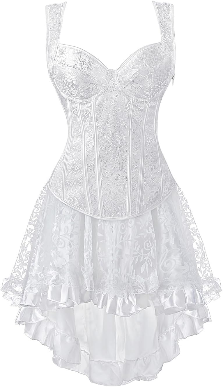 White Underbust Corset Dress Top Skirt Set Plus Size zipper Lace up Women