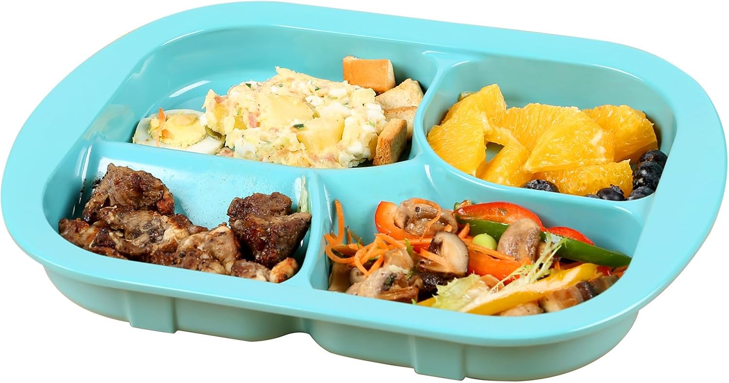 Adaptive Utensils Plates with Extra Wall,Non-slip&Spill-proof Melamine Plate for Dementia,Stroke, Tremors,Self-Feeding Dinnerware for Elderly (Melamine 4-Compartment Divided Plates)