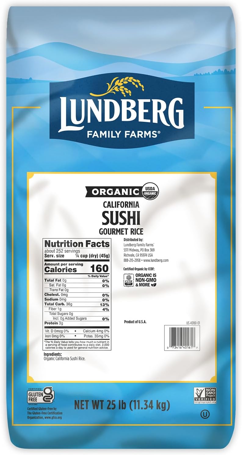 Lundberg Organic Sushi Rice, Bulk, Sticky White Japanese-Style Short Grains, Responsibly Grown in California, 25 Lbs