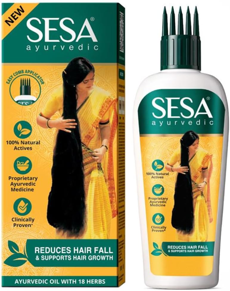 SESA Ayurvedic Hair Oil With Bhringraj & 17 Rare Herbs With Coconut Oil and 4 Nourishing Oil For Hair Growth Help Control Hair Fall & Easy Hair Oil Applicator For Women and Men, 6.76 Fl Oz or 200 ml