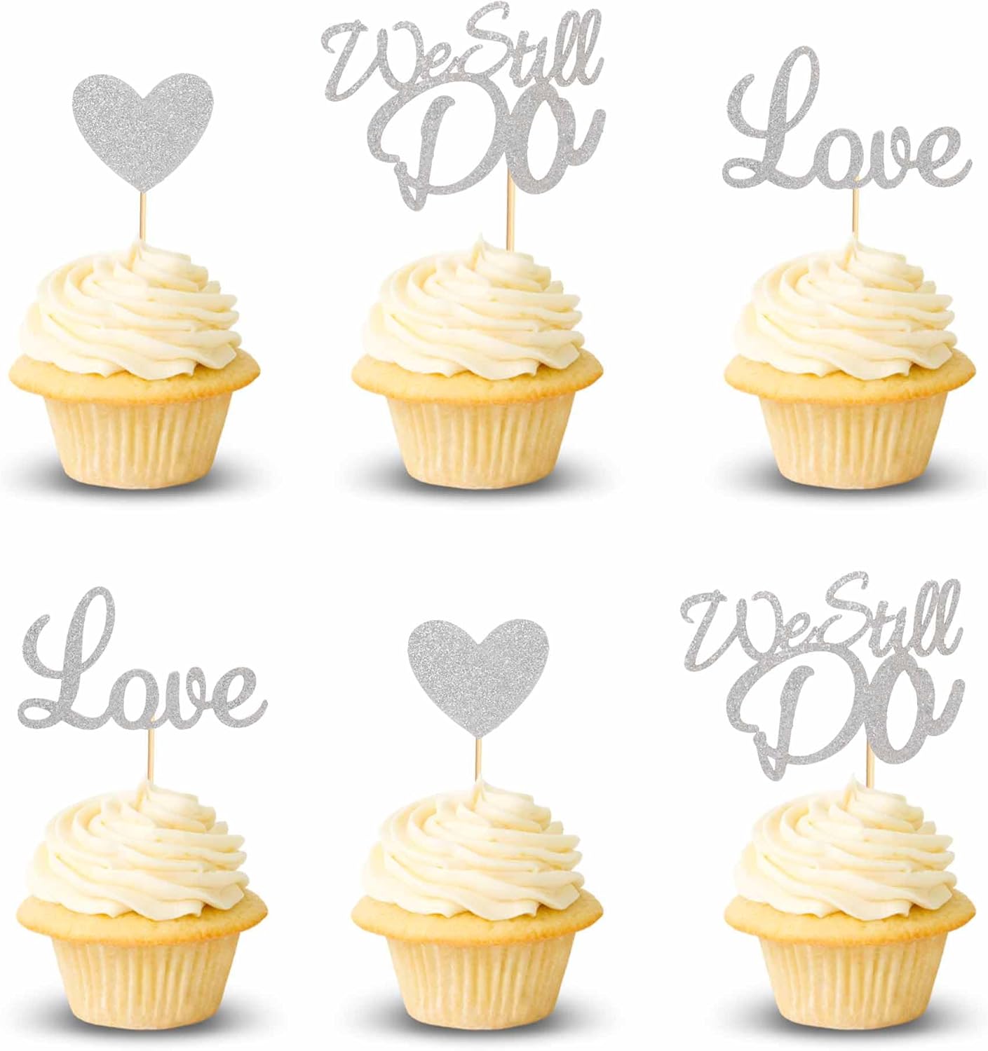 24Pcs We Still Do Cupcake Toppers Glitter Love Heart Marriage Anniversary Cupcake Picks Bridal Shower Wedding Engagement Birthday Cake Decorations Supplies - Silver Glitter