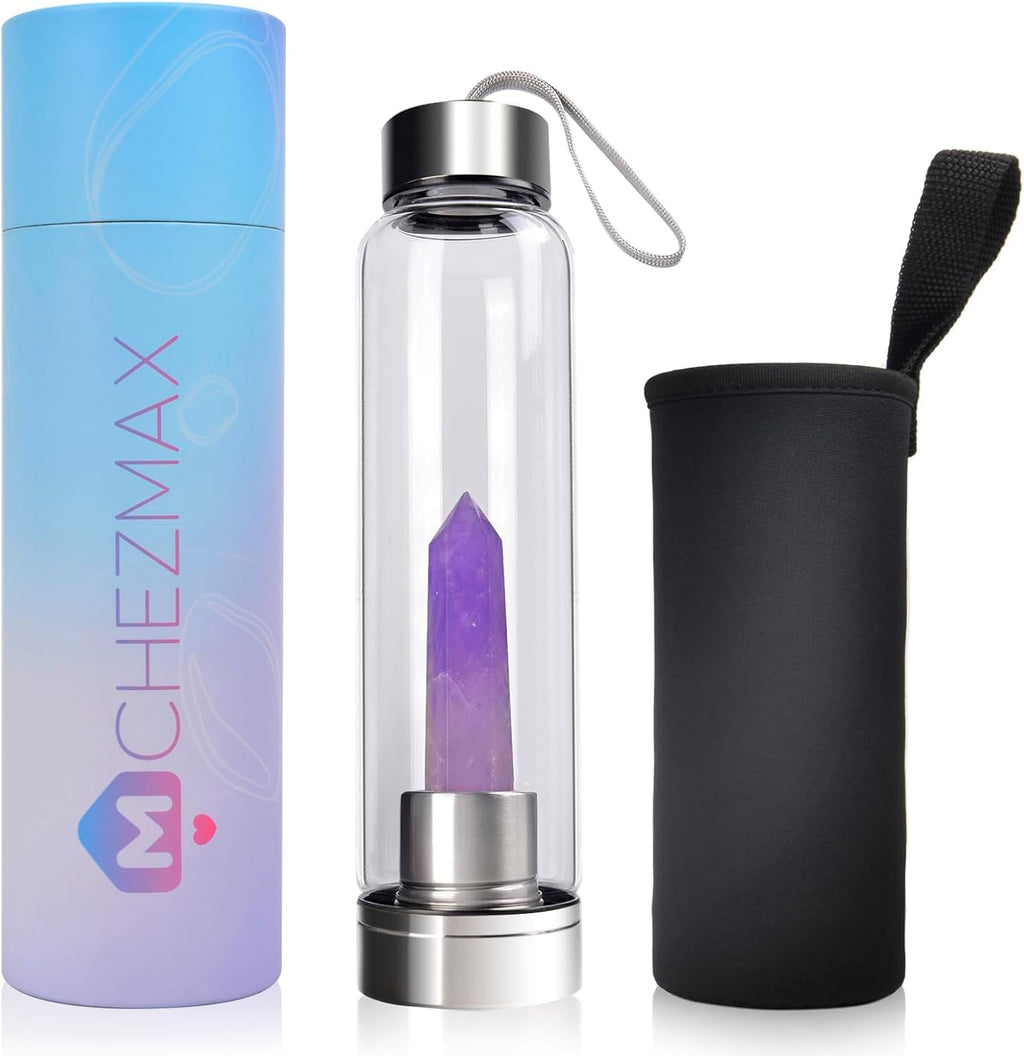 ChezMax Crystal Glass Water Bottle Energy Quartz Gemstone Water Bottle with Changeable Natural Crystal Center for Healing and Wellness Amethyst