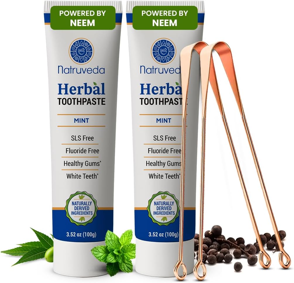 Neem Herbal Toothpaste with Complimentary Copper Tongue Scraper | Fluoride Free, SLS Free, Natural Toothpaste for Adults | Ayurvedic Oral Care with Miswak | 3.52 oz (2 Pack)