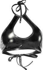 Shiny Metallic Rave Tops for Women Sexy Wet Look Leather Bra Halter Strap Outfit Crop Tops