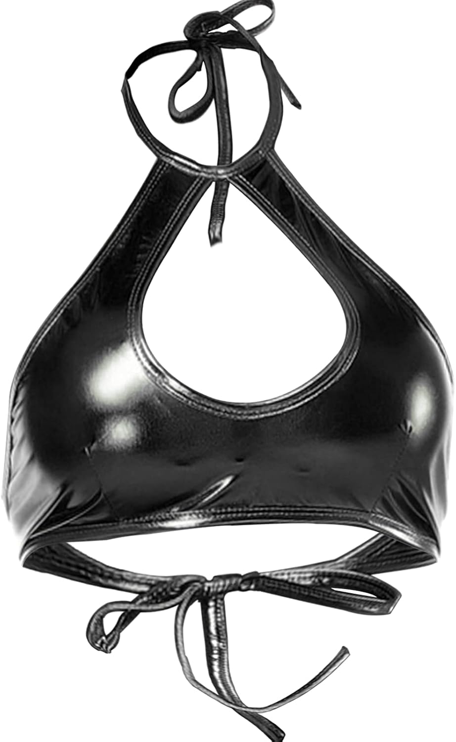 Shiny Metallic Rave Tops for Women Sexy Wet Look Leather Bra Halter Strap Outfit Crop Tops