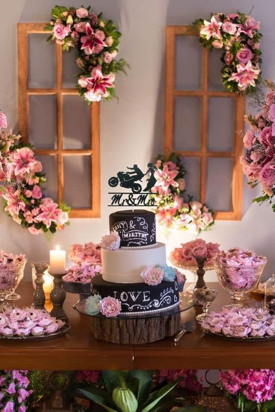 Motorcycle Wedding Cake Topper Let Go of The Motorcycle and Get Married with Me Cake Decor Funny Bride and Groom with Motorcycle Cake Topper for Wedding/Anniversary/Bridal Shower Party