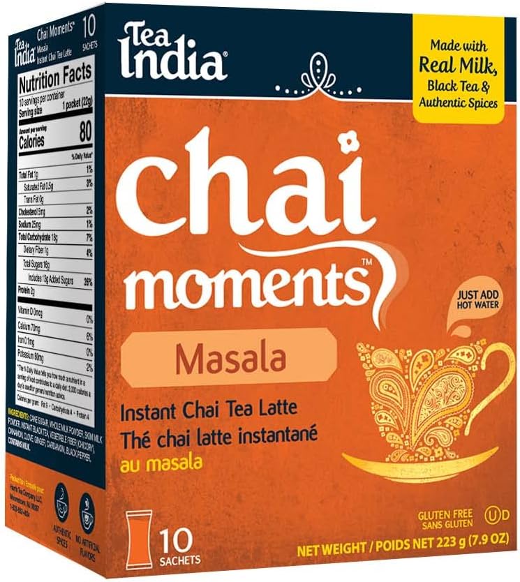 Tea India Chai Moments Masala Chai Tea Instant Latte Mix Flavorful Blend Of Premium Black Tea & Natural Ingredients Traditional Indian Caffeinated Tea Individually wrapped 10 Sachets
