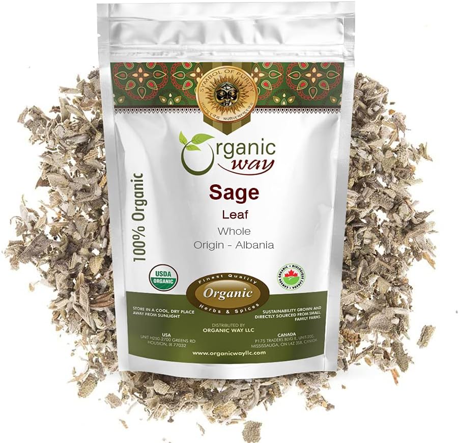 Organic Way Dried Sage Leaf Whole (Salvia officinalis) - European Wild-Harvest | Organic & Kosher Certified | Vegan, Non GMO & Gluten Free | USDA Certified | Origin - Albania (1/4 LBS - 4 Oz)