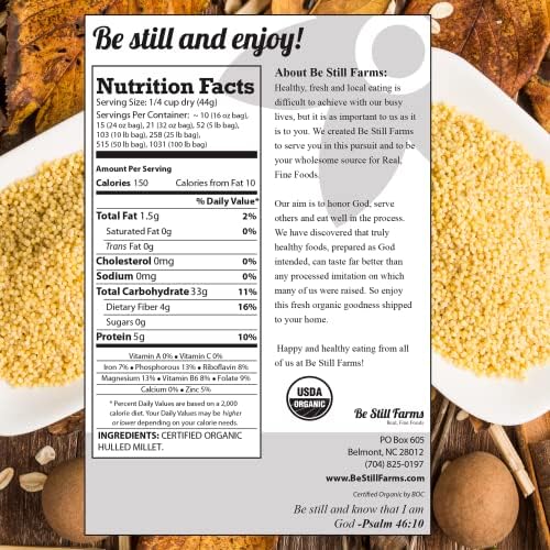 Be Still Farms Organic Hulled Millet Grain (5.8lb) - Whole Millet Seeds Bulk - High in Fiber | USA Grown | USDA Certified | Vegan | Non-GMO