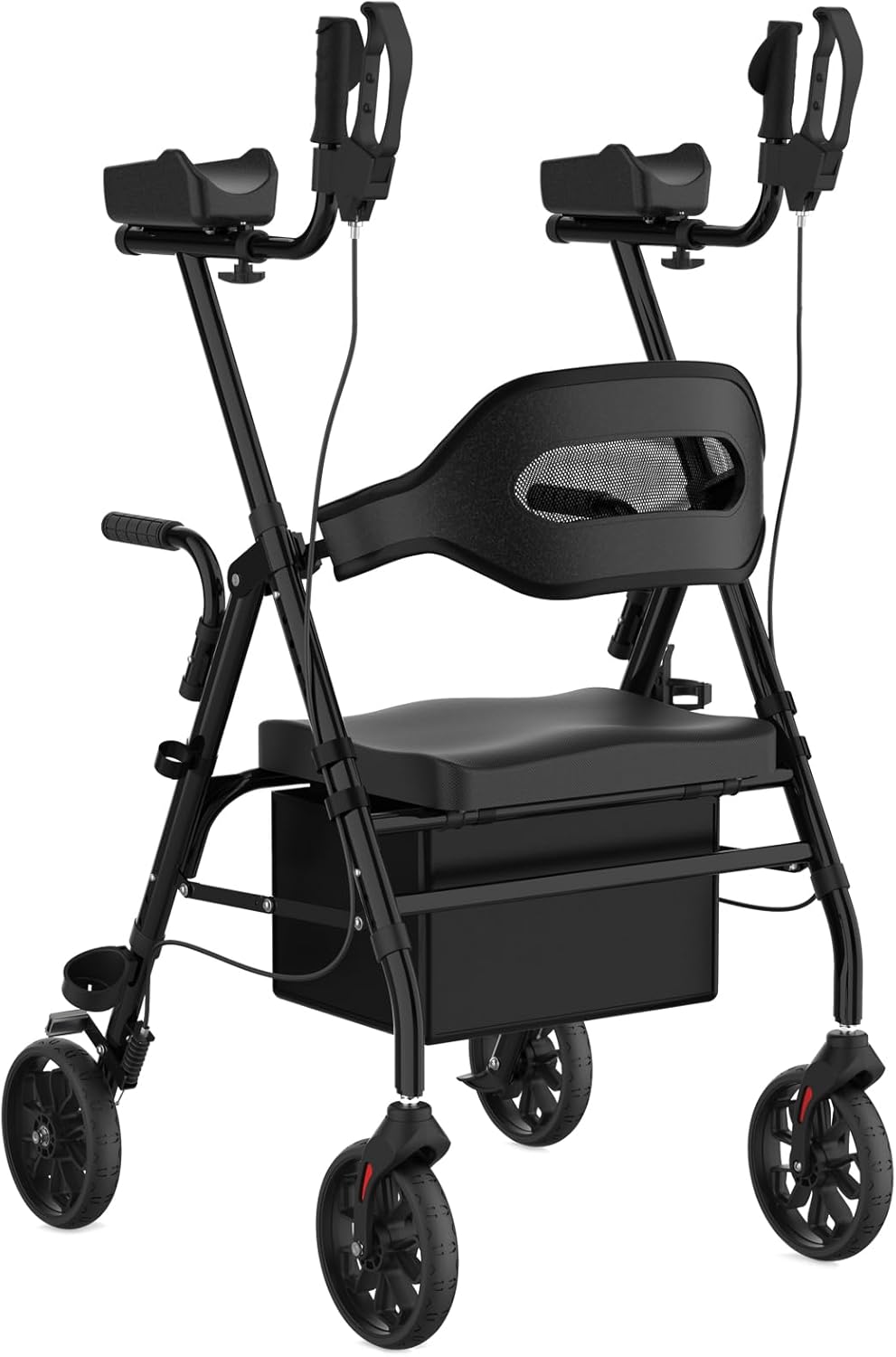 Upright Rollator Walker, Heavy Duty Stand Up Walkers for Seniors with Seat and Reversible Backrest, Foldable Standing Rollator with 8" Anti-Slip PU Wheels, Black