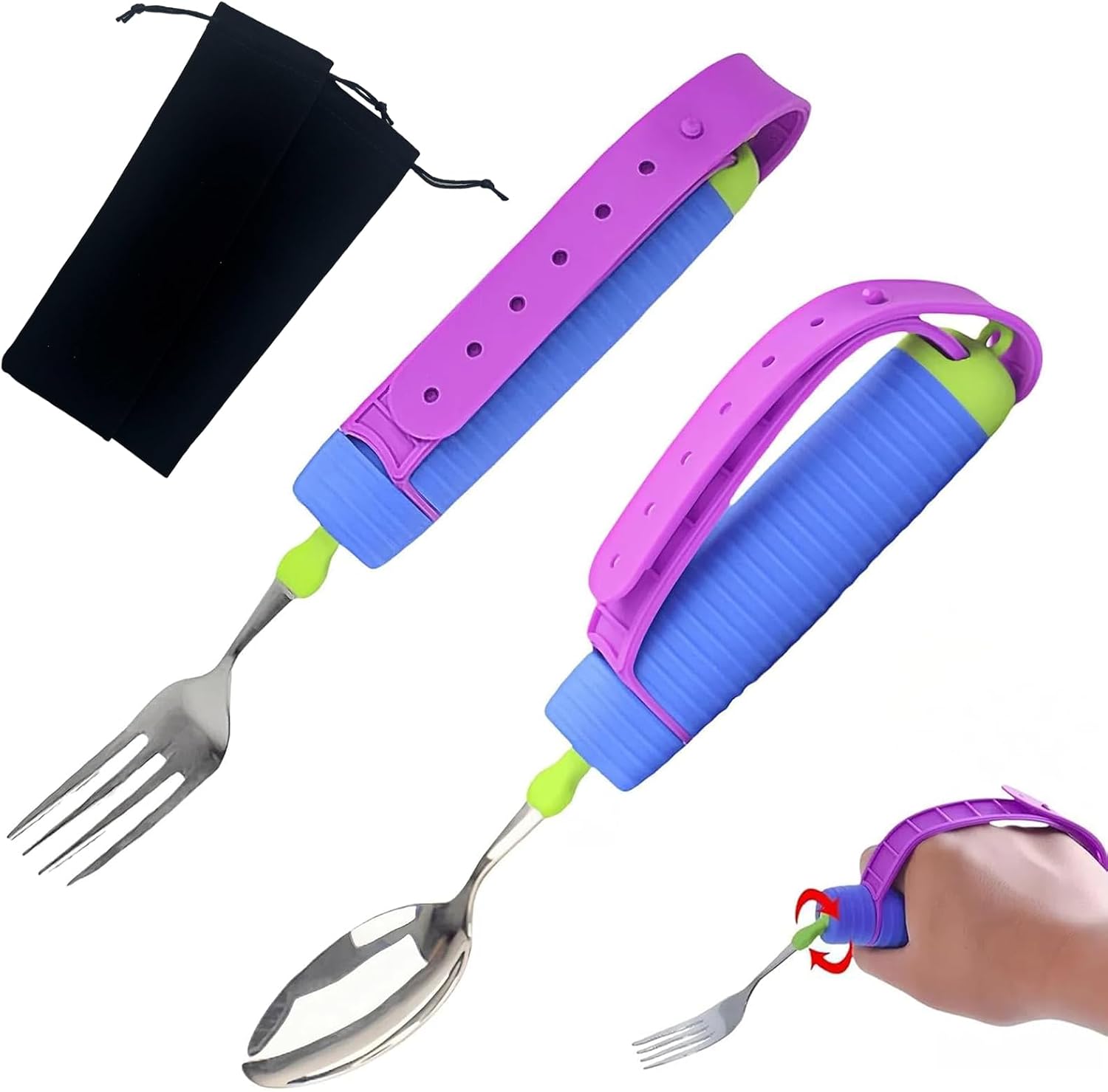 Adaptive Utensils Set, 2pcs Spoons Forks Set for Elderly, Weighted Utensils for Hand Tremors, Arthritis Weakness, and Parkinsons, with Non-Slip Easy Grip Handle, 360 Degree Rotation Rubber Strap