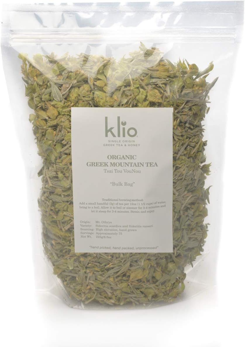 Klio Organic Greek Mountain Tea - "Bulk Bag" Makes 75 servings, Certified Organic, Single Origin, 225g (7.9oz)