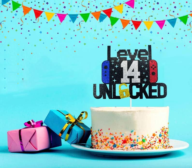 Happy 14th Birthday Video Game Cake Topper Level 14 Unlocked Cake Topper for Kids Boys Girls 14-Years-Old Birthday Party Decoration (14)