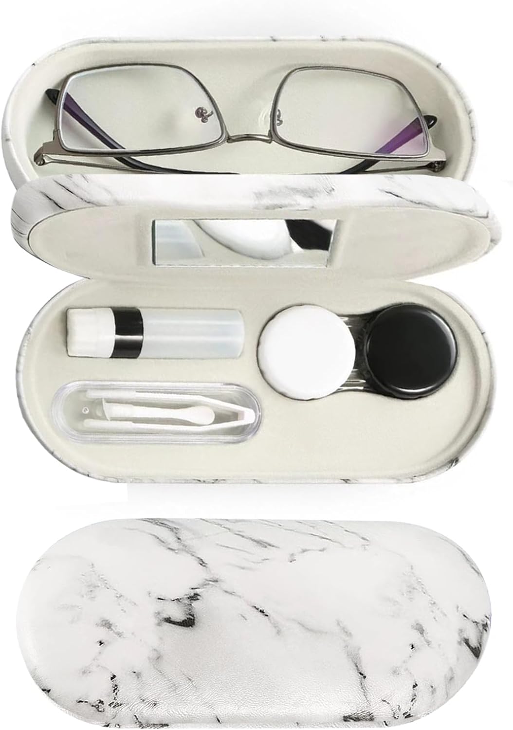 MUDOR 2 in 1 Contact Lens & Glasses Travel Case, Double Sided Kit Includes Remover Tool with Tweezers (Marble White)