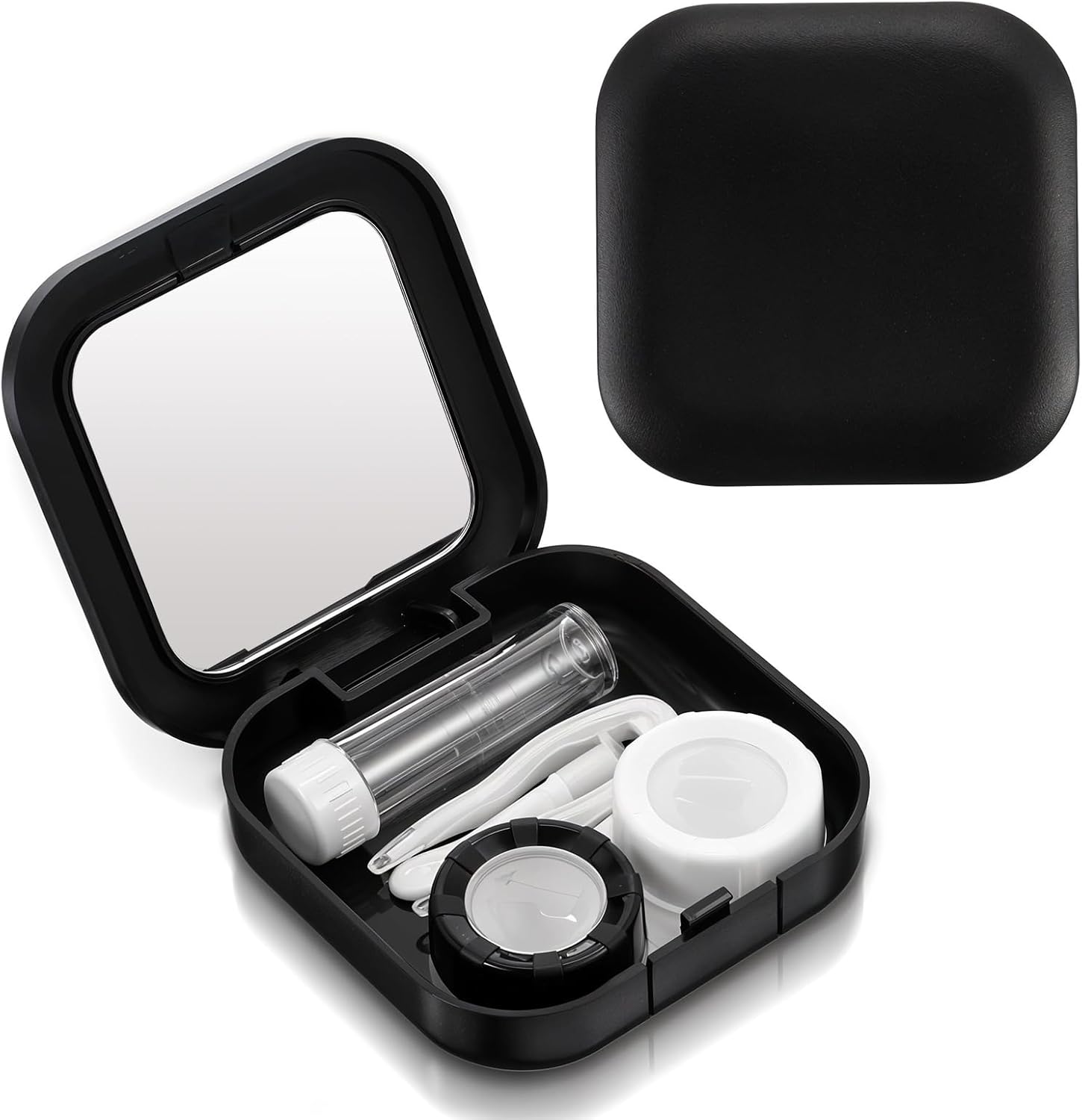2pcs Travel Contact Lens Case Kit, Portable Contact Lens Case with Contact Lens Applicator Tool and Mirror Solution Bottle for Daily Vision Care and Outdoor Use, Travel Size (Black)