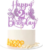 Kaoenla Butterfly Happy 2nd Birthday Cake Topper-Glitter 3D Butterfly theme 2nd/two Birthday baby baptism Cake Decor Supplies (2nd, Purple)