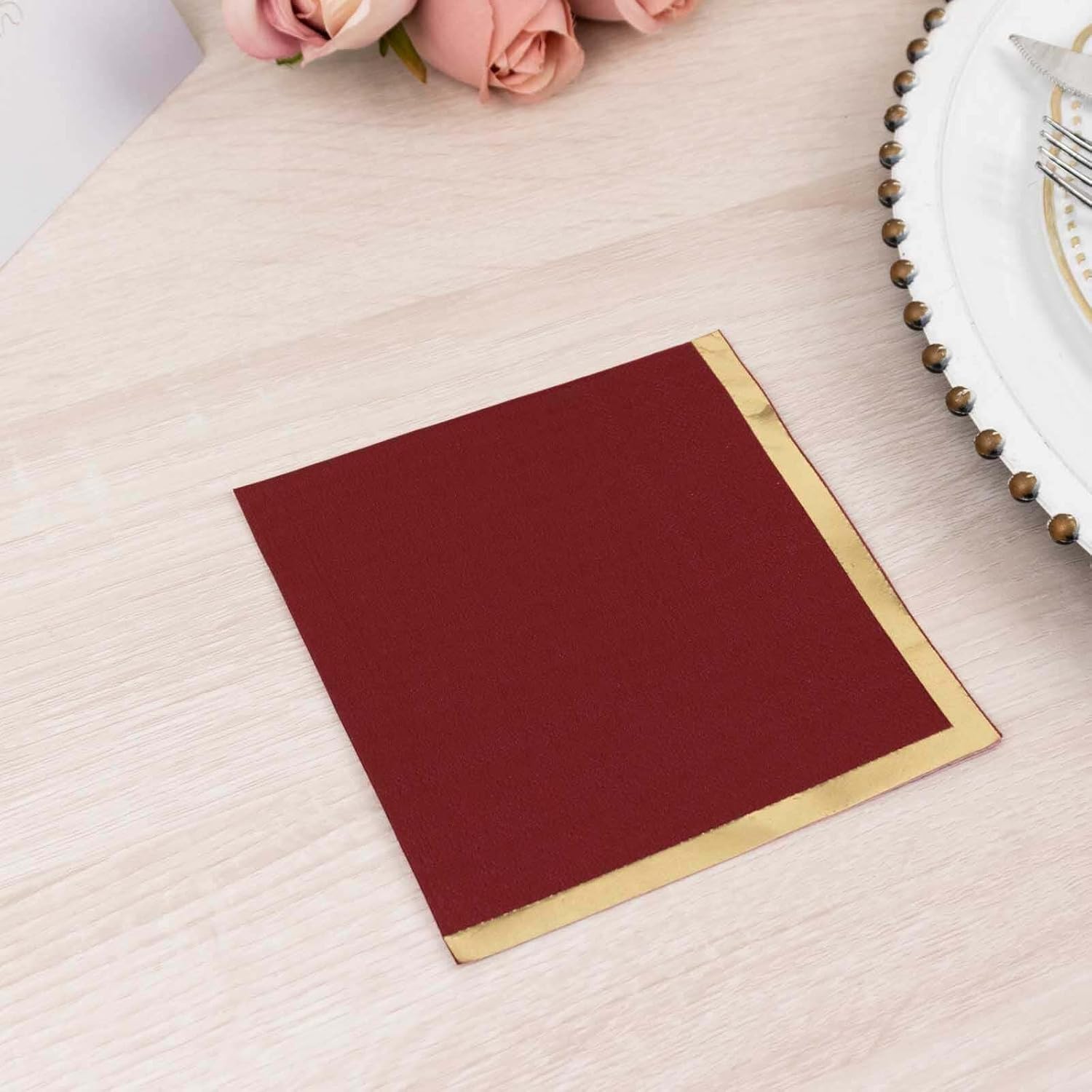 100 Count Burgundy 2-Ply Paper Beverage Napkins with Gold Foil Edge, Soft Disposable Cocktail Napkins 18 GSM - 5"x5"