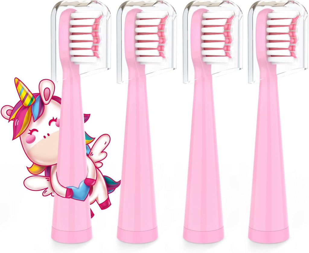 Vekkia Sonic Kids Electric Toothbrush Replacement Heads - 7X More Plaque Removal, End-Rounded 3D Curved Soft Bristles, Comfortable & Efficient Clean Teeth, Perfect for Kid Small Mouth, Pink (4 Pack)