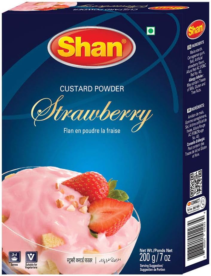 Shan Custard Powder Strawberry 7 oz (200g) - Flan en Poudre la Fraise - Essential Dessert for any Occasion - Suitable for Vegetarians - Airtight Bag in a Box