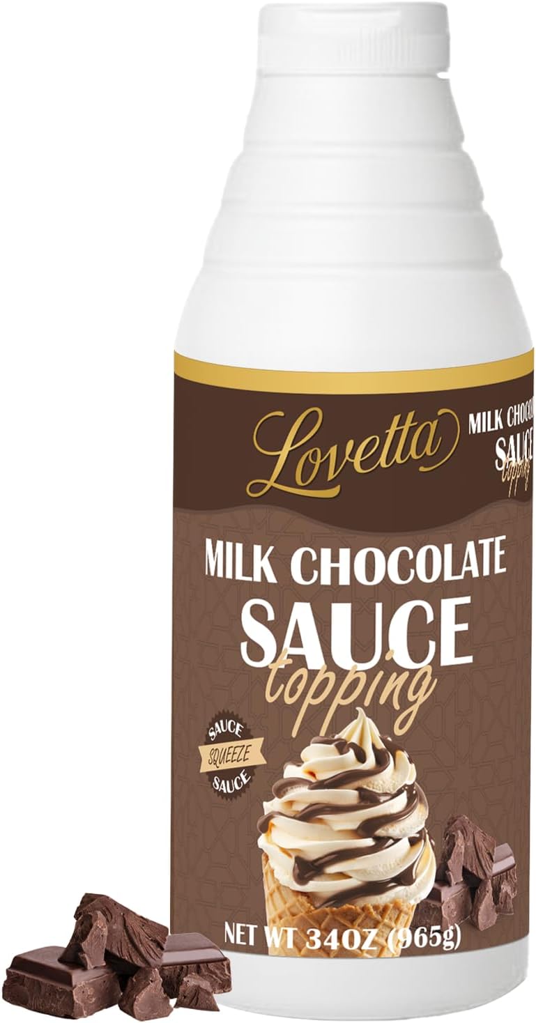 Lovetta Milk Chocolate Sauce Bulk 34oz (1L) Bottle – Smooth Gourmet Milk Chocolate Dessert Drizzle, Sweet Chocolate Topping for Crepes, Waffles, Ice Cream, Coffee & Pastries – Ready to Use