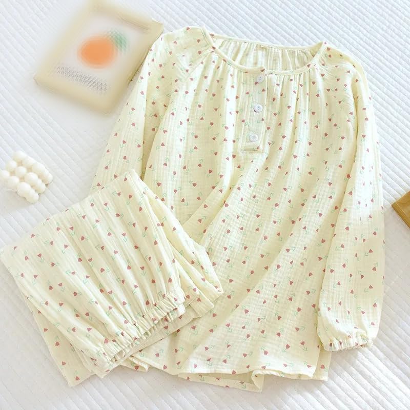 REHJJDFD Women's Pajamas Long-Sleeved Trousers 2-Piece Cotton Crepe Pullover Home Service Suit