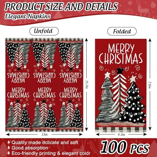 JarThenaAMCS 100Pcs Christmas Guest Napkins Red Black Xmas Tree Disposable Paper Napkins Dinner Hand Napkin for Winter Kitchen Bathroom
