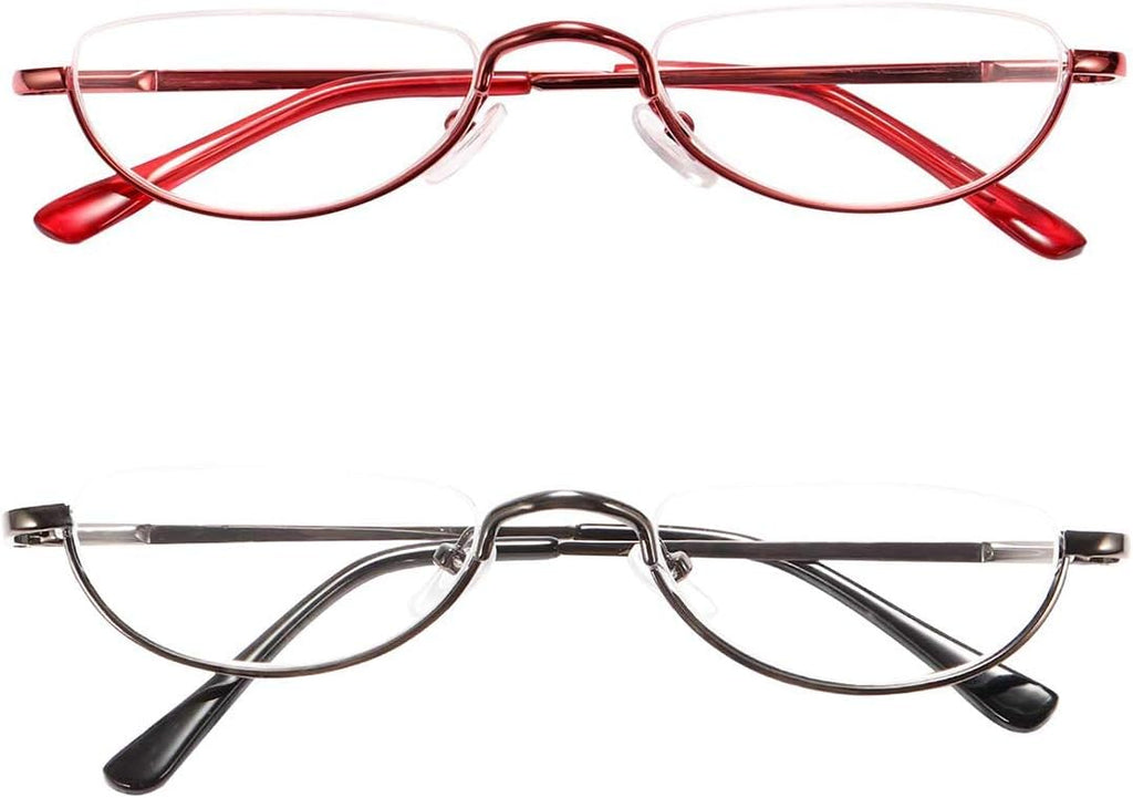 REAVEE 2 Pack Retro Designer Half Moon Reading Glasses for Women Men Spring Hinge Half Frame Readers Stylish Slim Eyeglasses with Pouch, Red and Gun Grey 1.0